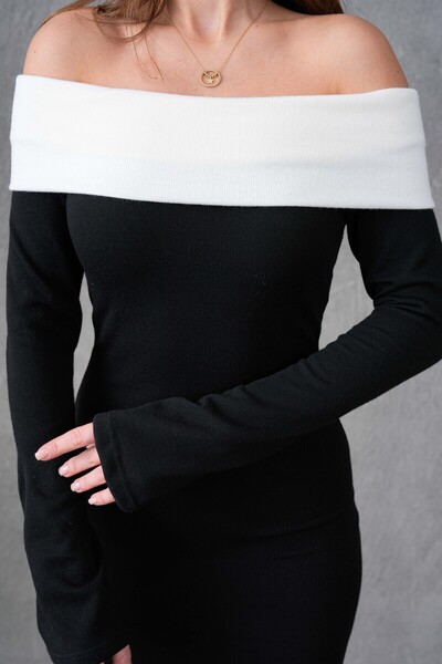 Secret Passion Lingerie Siyah Triko Kumaş Beyaz Şerit Madonna Yaka Uzun Kollu Abiye Elbise 181