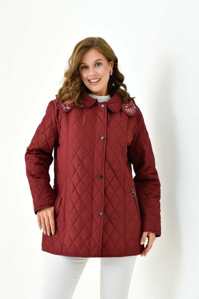 Butik Plus Size Hooded and Patterned Zippered Quilted Coat Jacket