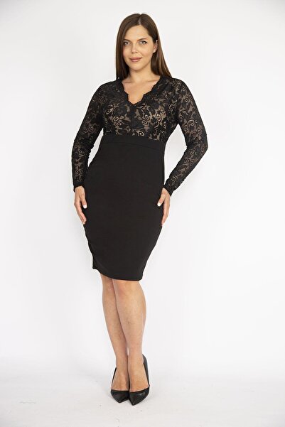 BYŞANS Women's Black Top Lace V Neck Evening Dress 65N36481