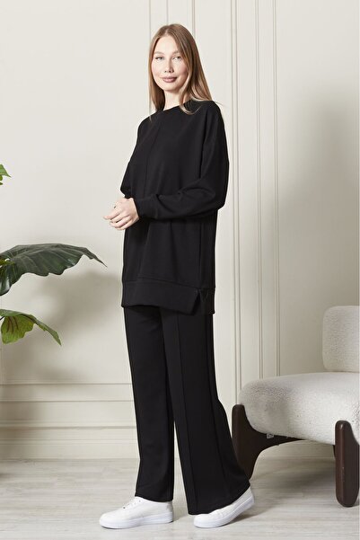 soBasic Set de pantaloni de trening cu picior largi, cu decolteu lung, modal, negru, cu talie elastică - M