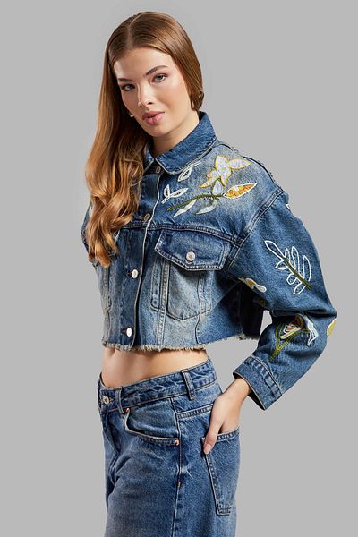its basic Jachetă de damă de culoare denim 2S575 Crop Fit cu design cu broderie florală
