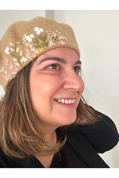 alsaccessories Women French Painter Beige Color Hand Embroidery Embroidered Beret