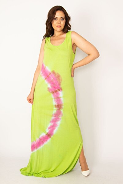 BYŞANS Kadın Yeşil Batik Baskılı Maksi Boy Elbise 65n33967