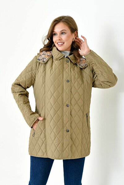 Butik Plus Size Hooded and Patterned Zippered Quilted Coat Jacket