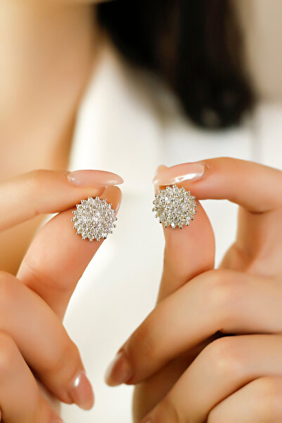 SARIASLAN Rodyumlu Yuvarlak Taşlı Kadın Gümüş Küpe