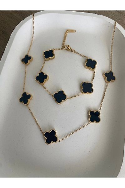 stainles steel Black Color Mother of Pearl Necklace Set (Gold) Double 3165 Bracelet Faceted