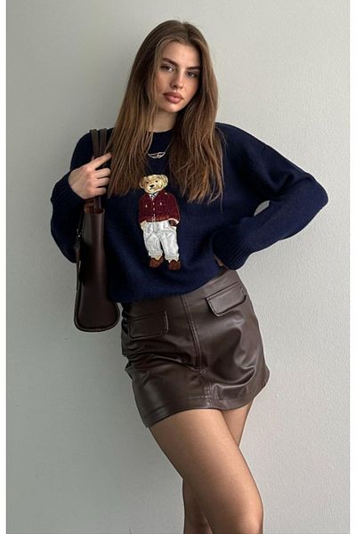 fujya Pulover Tricotaj Oversize Imprimat Ursuleț Albastru Marin