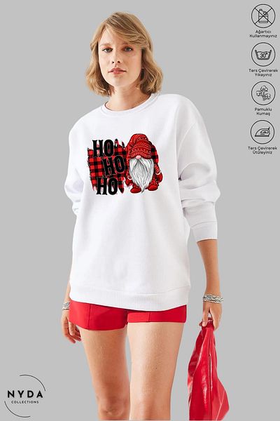 Nyda Collections Unisex Πρωτοχρονιά - Χριστουγεννιάτικο Hohoho Printed Oversize Hoodless Crew Neck φούτερ