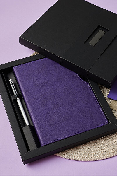 inkglo Kişiye Özel Baskılı Kutulu Gri Kalemli Çizgili Mor Deri 112 Yaprak Not...
