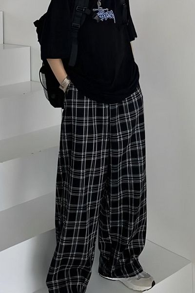 Gofeel Harajuku Tech Y2K Black Grey Plaid Tracksuit