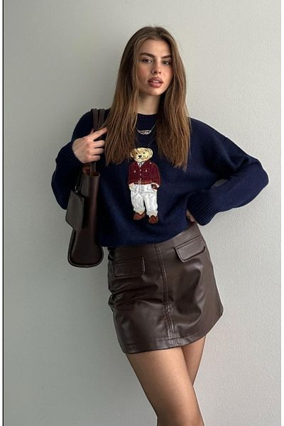 fujya Pulover Tricotaj Oversize Imprimat Ursuleț Albastru Marin