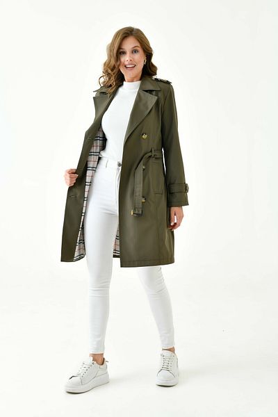 Butik Double-Breasted Collar Belted and Button Detailed Double Pocket Trench Coat
