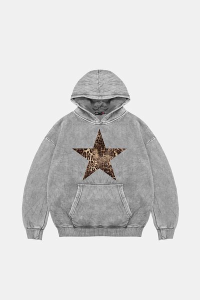 Sekizbiraltı Leopard Starz Printed Oversize Unisex Premium Washed White Hoodie