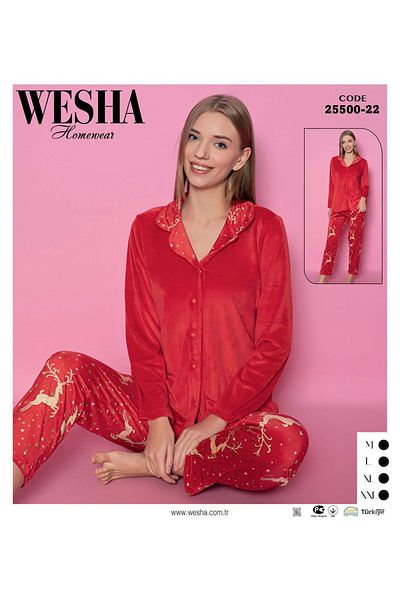 WESHA French Velvet Button-Down Deer Print Red Stylish Pajamas Set New Year's Special Deer Print