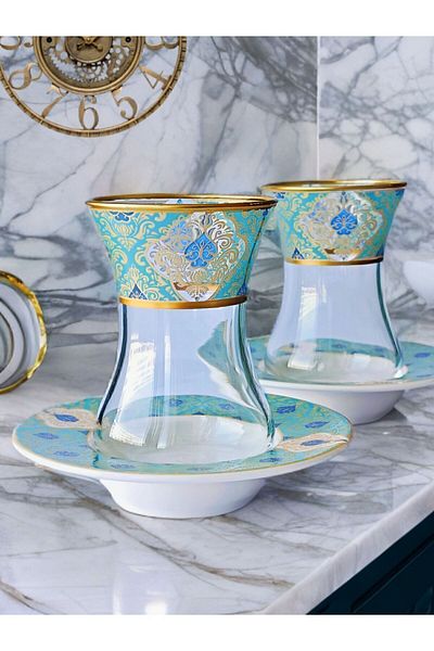 SAMSA Green Gold Patterned Porcelain Tea Set for 6 People - Premium Porcelain