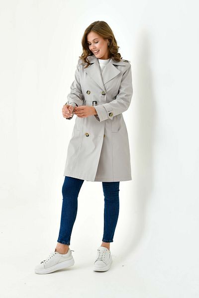 Butik Double-Breasted Collar Belted and Button Detailed Double Pocket Trench Coat