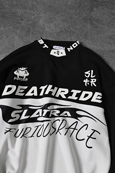 Slatra Мъжки черен суитшърт с V-образно деколте и щампа Deathride