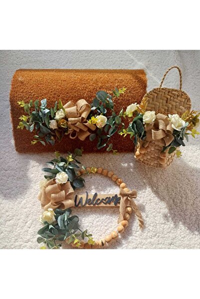 Home Σετ 3 τεμαχίων διακοσμητικό στολίδι για πόρτα, χαλάκι δαπέδου και καλάθι από ευκάλυπτο