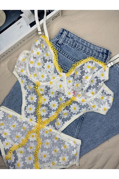 ROZENİN LINGERIE Lace Embroidered Floral Underwire Capless See-Through Bodysuit