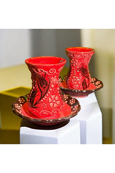naturalife El Yapımı Kırmızı Osmanlı Desenli Çay Bardağı Takımı - Şıklığın ve...