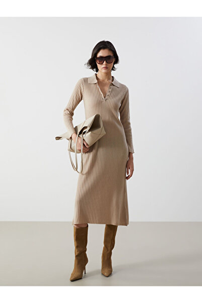LC Waikiki Bej Gömlek Yaka Kadın Triko Elbise