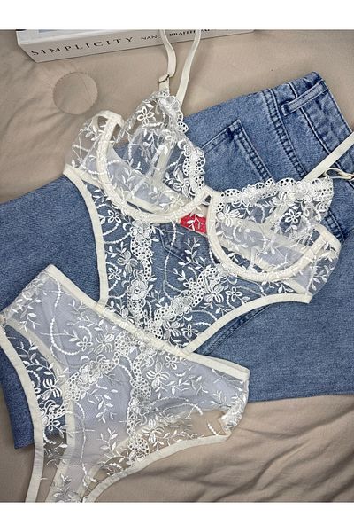 ROZENİN LINGERIE Ecru Floral Embroidered Underwire Capless Bodysuit
