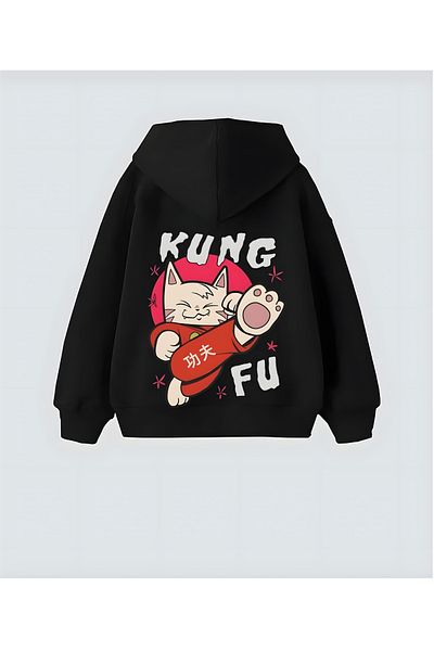 Aesthia Kung Fu Cute Cat Design Unisex Oversize Hooded Hoodie Sweatshirt