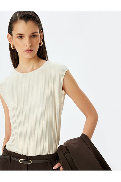 Koton Crew Neck Sleeveless Pleated T-Shirt