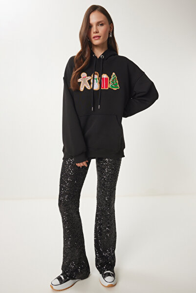 Lovelyİstanbul Μαύρο πλεκτό φούτερ με θέμα την Πρωτοχρονιά - με κουκούλα και ...