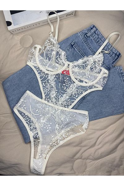 ROZENİN LINGERIE Ecru Floral Embroidered Underwire Capless Bodysuit