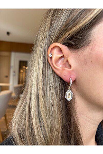 Jerie Gold Silver White Enamel Hexagon Design Earrings