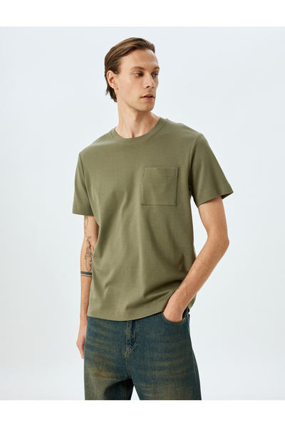 Koton Kurzärmliges Basic-T-Shirt aus Baumwolle mit Rundhalsausschnitt und Taschen