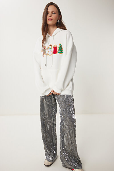 Lovelyİstanbul Hanorac tricotat cu glugă cu tema de Anul Nou - EKRU LTQ0002