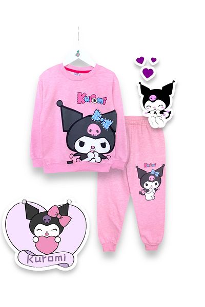 LİTTLE TORTOİSE Girl's Pink Color Kuromi̇ Printed Long Sleeve Raster Sweatshirt / Sweatpants Set