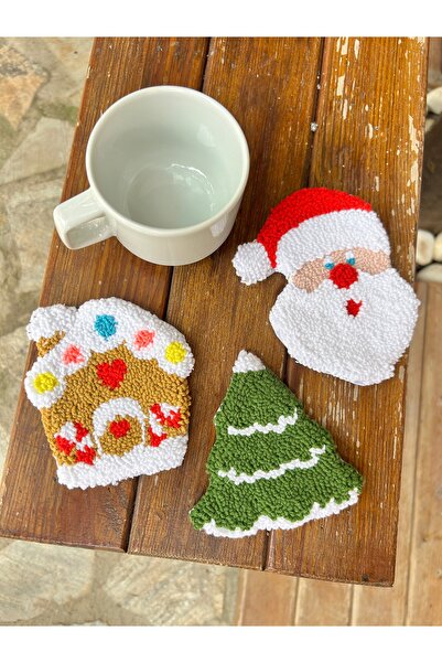 Sumicorn Design Sevimli Yılbaşı Desenli Punch İşlemeli Kupa Bardak Takı Altlığı (3'lü Set)
