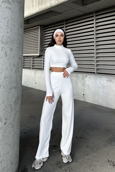 New Now Half Fishing Neck,Long Sleeve Crop with Flamps,High Waist Pants Suit