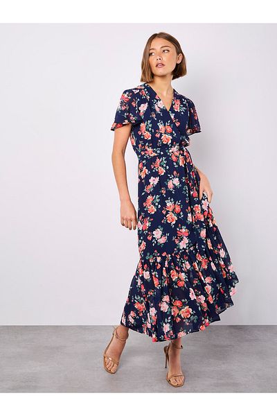 Apricot Geblümtes Midi-Wickelkleid
