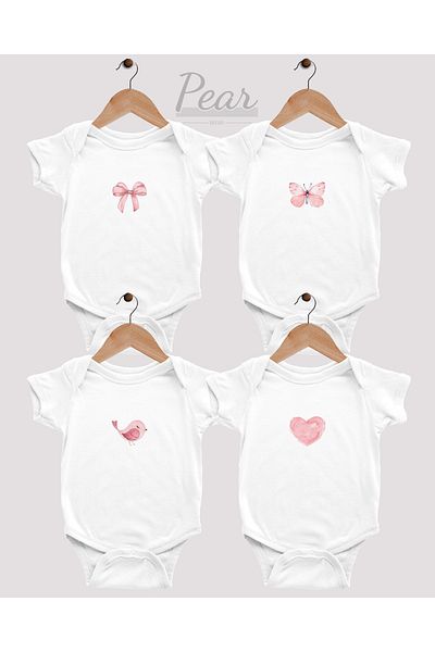 Pear Wear Baby Girl 4-Piece Bow Butterfly Bird Heart Printed Bodysuit 4-Piece Baby Bodysuit