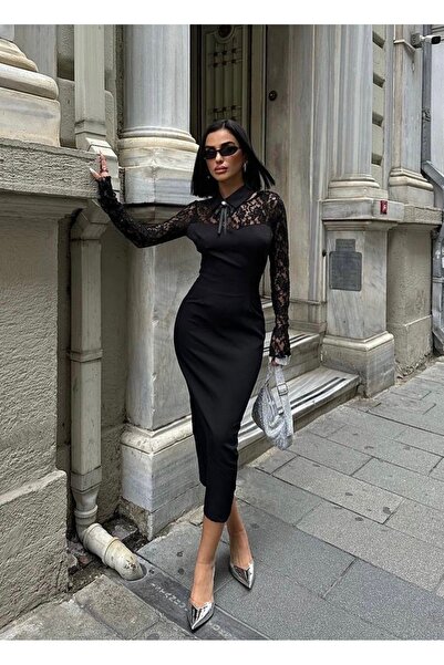 boutiquemery Dantel Detay Çıkabilen Yaka Midi Boy Elbise SİYAH