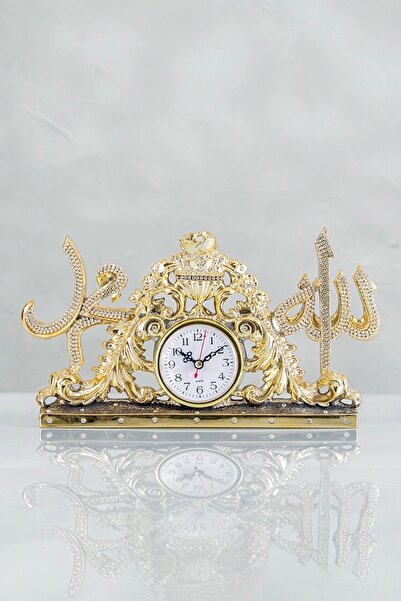 Güncel Vitrin Zirkon Taşlı Altın Güllü Lafızlar Biblo&Masa Saati 33*18 cm