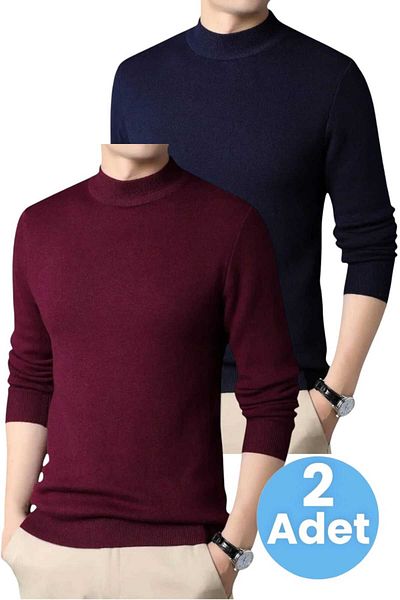 Uniquetrenders 2-Piece Men's Non-Pilling Half-Throat Knitwear Sweater Half Fisherman Knitwear Sweater
