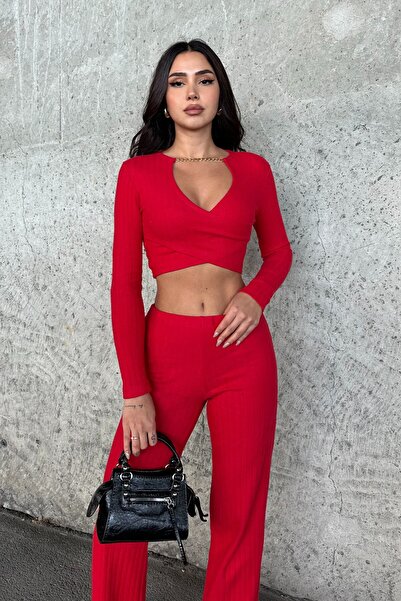 New Now Chain Detailed Long Sleeve Crop,High Waist,Elastic Waist Band Palazzo Pants Suit