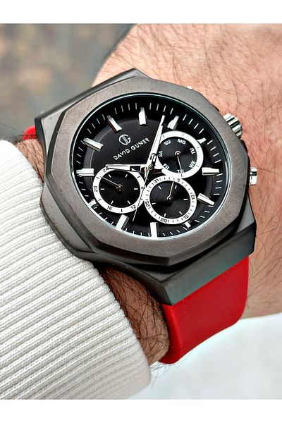DAVID GUNER Function Red Color Silicone Cord Men's Wrist Watch 8494Zp2