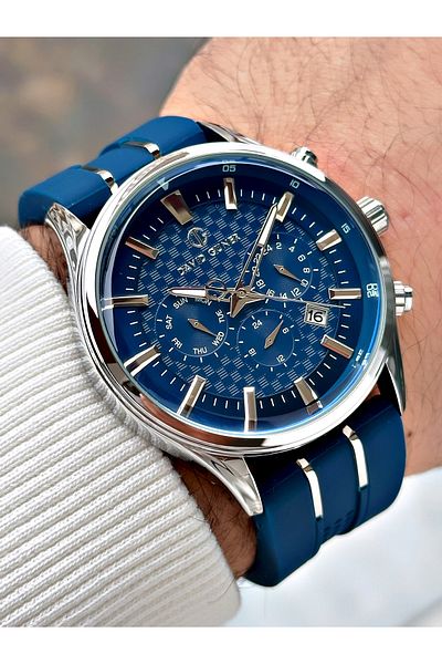 DAVID GUNER Function Dark Blue-Silver Color Silicone Band Men's Wrist Watch 8271L3