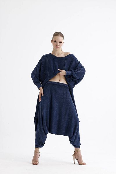 Butik Tricotaj din bumbac Pantaloni largi-Bleumarin