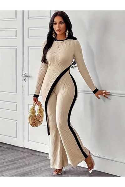 Moka Shopin Mokashopin Women - Asymmetrical Cutout Long Sleeve Crew Neck Blouse and Pants Set