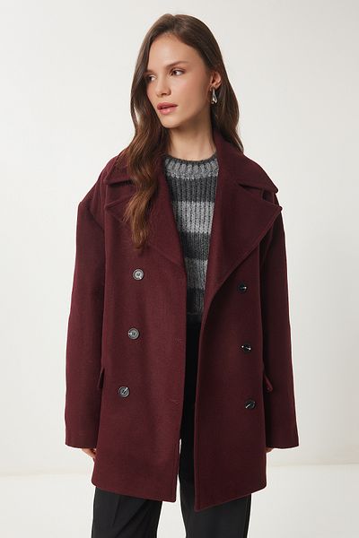Lovelyİstanbul Burgundy Stamp Coat - Double Breasted Collar, Ldp0029