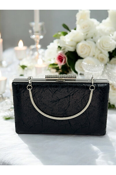 Biçanta Μαύρο Χρώμα Ασημί Λεπτομερής Μεσαία Τσάντα Βραδινό Φόρεμα