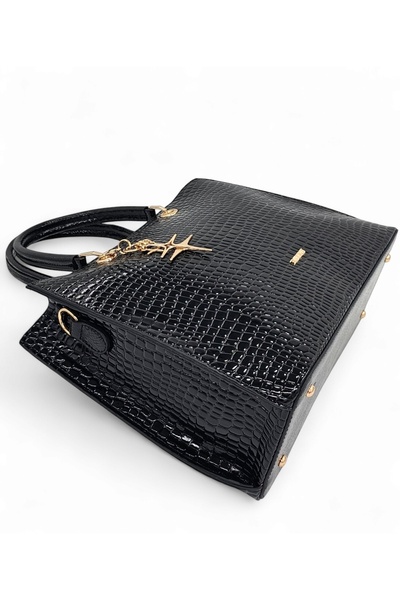 Evident Black Patent Leather Drop Patterned Hand and Shoulder Women's Bag with Star Accessories
