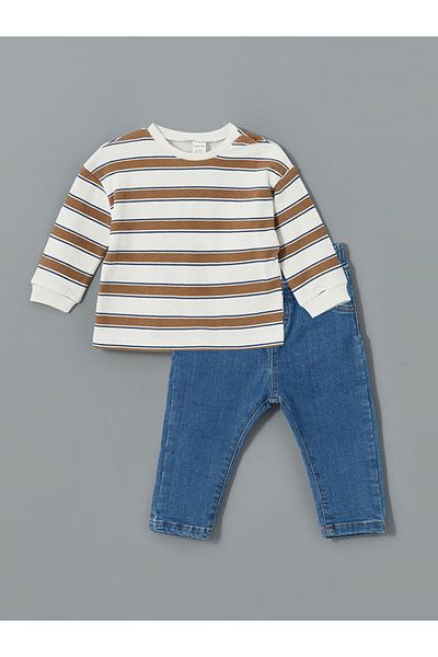 LC Waikiki Lcw Baby Crew Neck Striped Baby Boy Sweatshirt and Pants 2Pcs